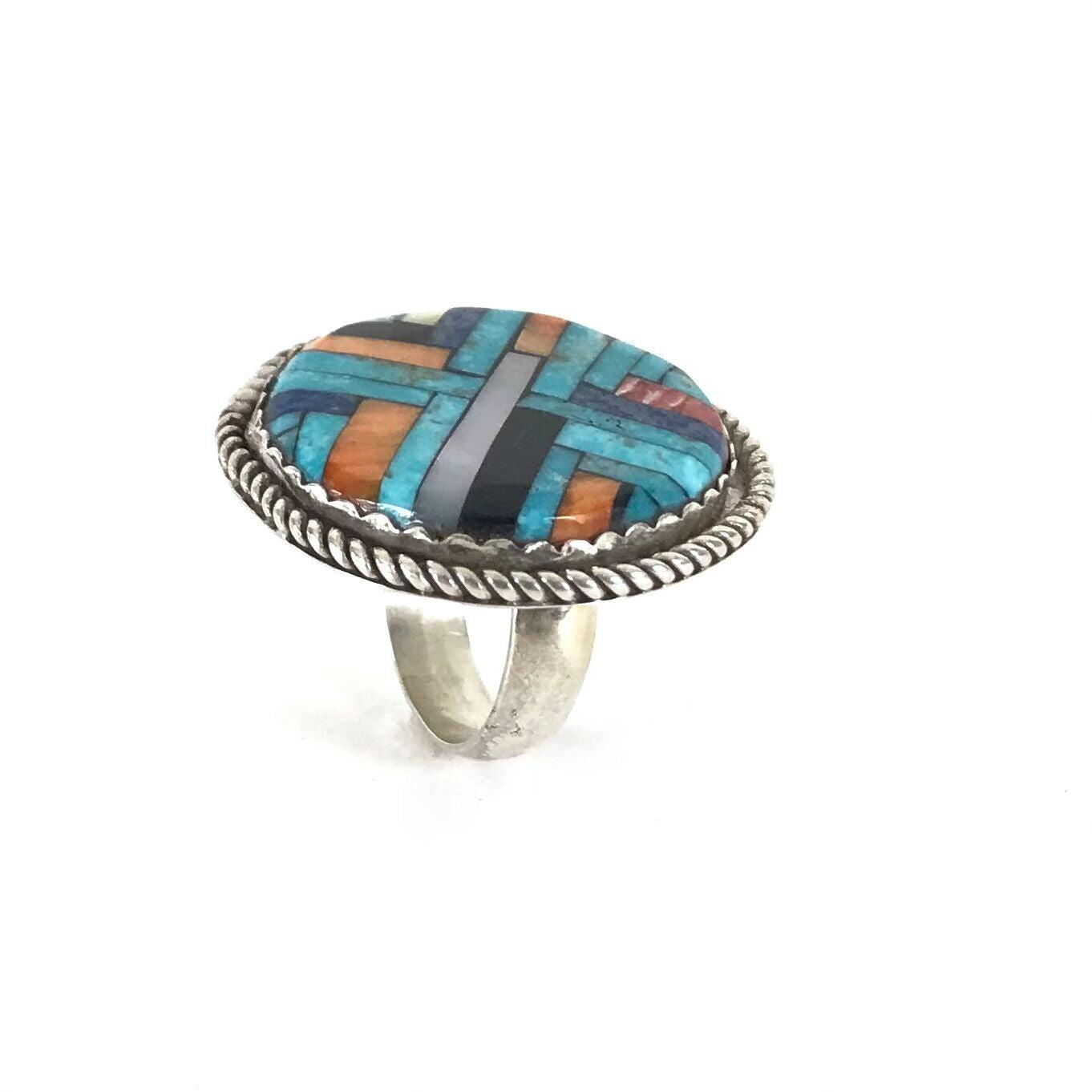 Joe and Angie Reano Lapis Multi-Gemstone Mosaic Inlay Ring-Indian Pueblo Store