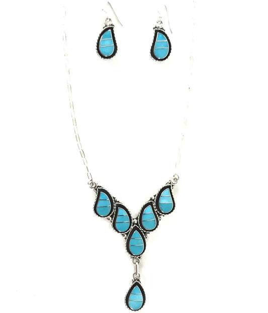 Faye Lowsayatee Turquoise Inlay Teardrop Necklace Set-Indian Pueblo Store