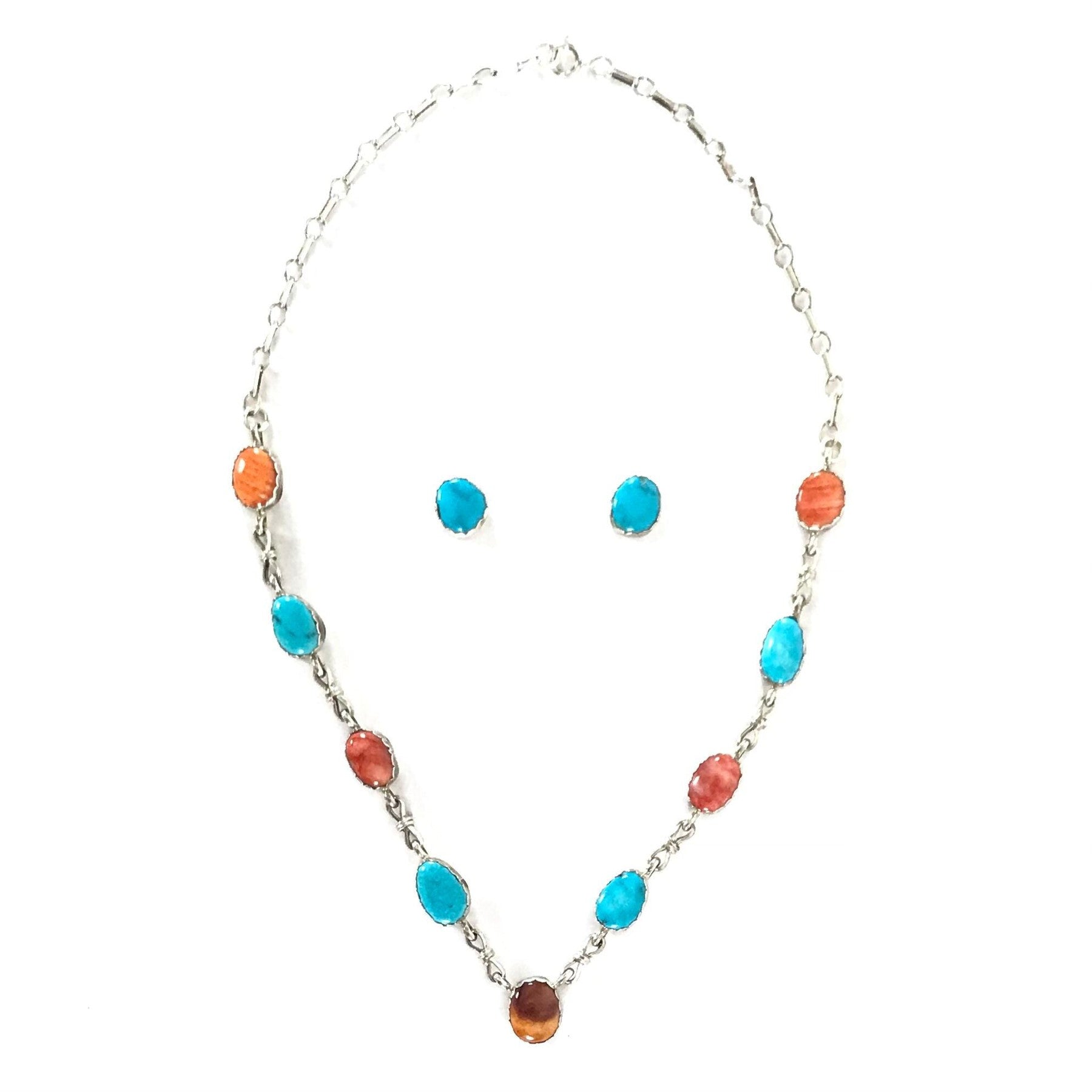 Julia Etsitty Turquoise and Spiny Oyster Shell Necklace and Earring Set-Indian Pueblo Store