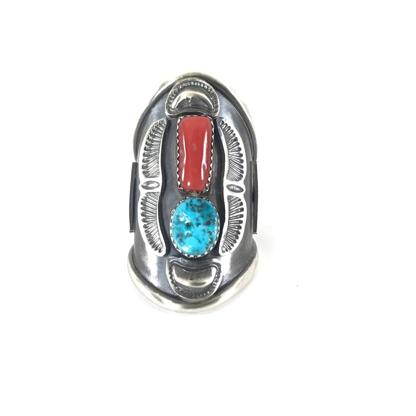 John Lucio Long Turquoise and Coral Antique Finish Ring-Indian Pueblo Store