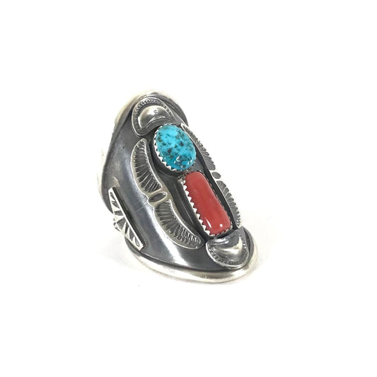 John Lucio Long Turquoise and Coral Antique Finish Ring-Indian Pueblo Store