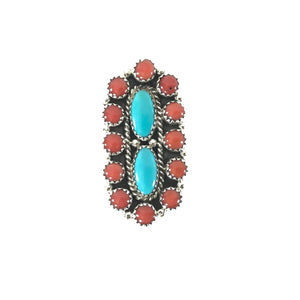 Anthony Skeets Turquoise and Coral Cluster Ring-Indian Pueblo Store