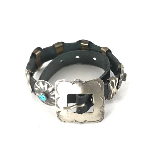 Joan Begay Sterling Silver and Turquoise Concho Leather Bracelet-Indian Pueblo Store