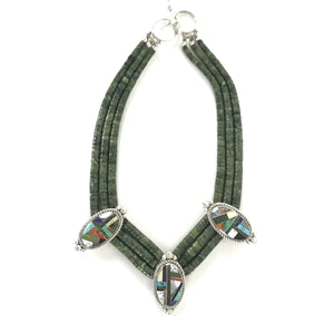 Elouise Padilla 3 Strand Serpentine Medallion Heishi Necklace-Indian Pueblo Store