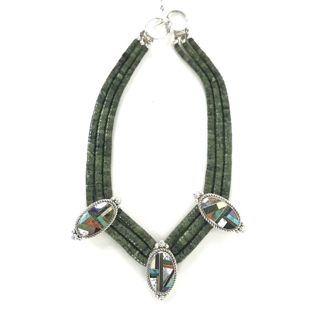 Elouise Padilla 3 Strand Serpentine Medallion Heishi Necklace-Indian Pueblo Store