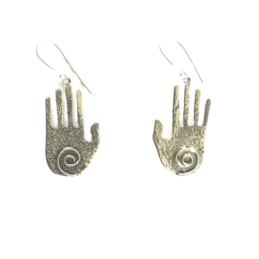 John and Mary Aquilar Sterling Silver Cast Hand Cutout Earrings-Indian Pueblo Store