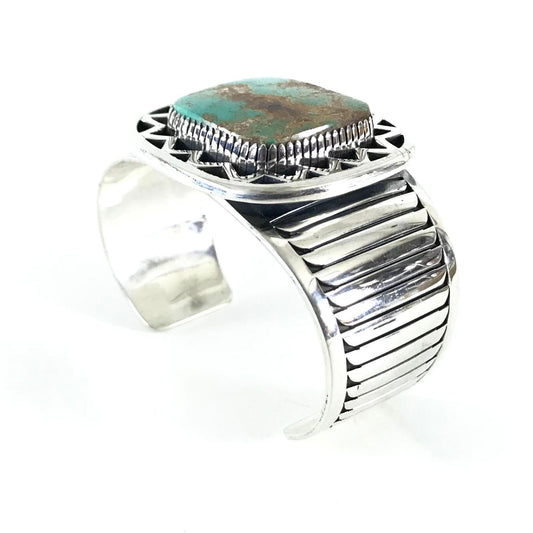 Cons: SS Royston TQ, Zigzag cutout around Bezel Stamped Bracelet-Indian Pueblo Store