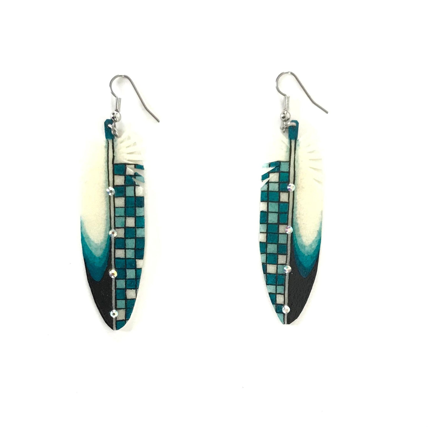 Dominic Arquero Rawhide Corn Design Feather Earrings-Indian Pueblo Store