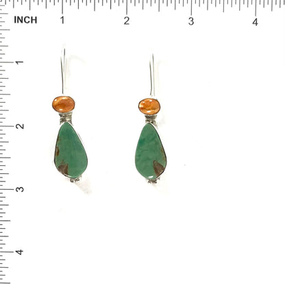 Rose Swett Green Turquoise and Orange Spiny Oyster Shell Dangle Earring-Indian Pueblo Store