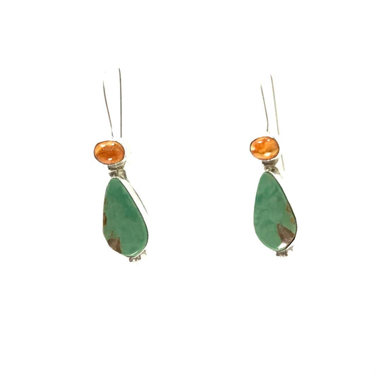 Rose Swett Green Turquoise and Orange Spiny Oyster Shell Dangle Earring-Indian Pueblo Store