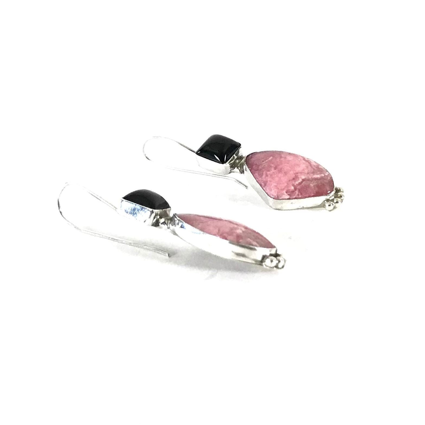 Rose Swett Rhodochrosite and Onyx Dangle Earrings-Indian Pueblo Store