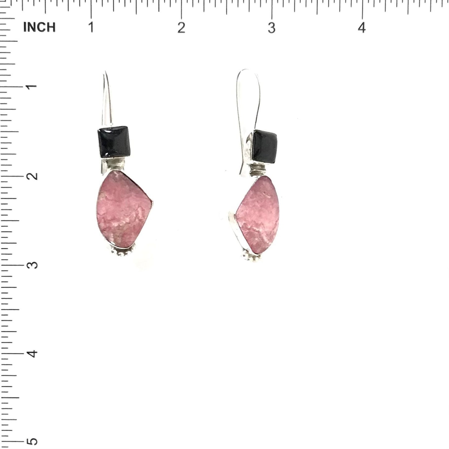 Rose Swett Rhodochrosite and Onyx Dangle Earrings-Indian Pueblo Store