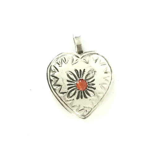 Jennie Blackgoat Sterling Silver and Red Spiny Oyster Shell Stamped Pendant-Indian Pueblo Store