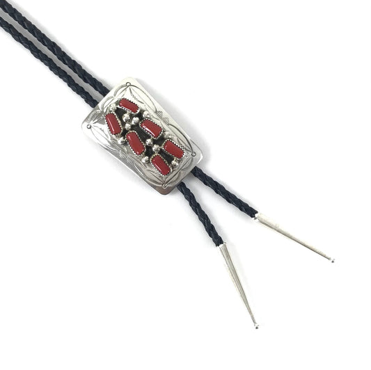 Wallace Reyes Coral Stamp Bolo Tie-Indian Pueblo Store