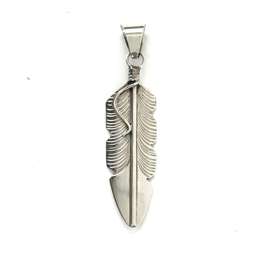 Chris Charley Large Sterling Silver Feather Pendant-Indian Pueblo Store